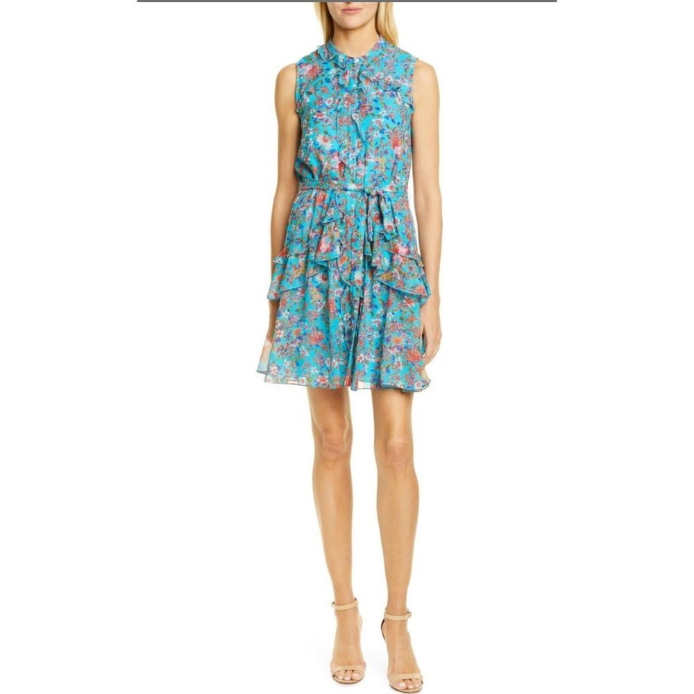 SALONI Turquoise Floral Print TILLY Ruffle Mini Dress Sleeveless Women's Size 6